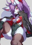  2017 abstract_background anthro bandage blush breasts camel_toe cleavage clothed clothing female fur hair jacket kemono ksyaro legwear long_hair looking_at_viewer navel sitting smile solo teeth thick_thighs thigh_highs tight_clothing wide_hips 