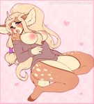  2017 5_fingers absurd_res anthro areola big_breasts blonde_hair bottomless breasts cervine clothed clothing deer digital_media_(artwork) erect_nipples exposed_breasts eyebrows eyelashes female fur hair hi_res hooves horn long_hair looking_at_viewer mammal multicolored_fur nipples open_mouth partially_clothed pink_background pink_border purple_eyes simple_background sinfuldreams15 sketch solo sweater teeth tongue 
