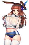  animal_ears bangs blue_buruma blue_shorts blunt_bangs blush breasts brown_eyes brown_hair buruma cowboy_shot feathers fingernails groin gym_shorts gym_uniform hair_feathers hands_up highres large_breasts legs_together long_hair looking_at_viewer navel open_mouth original pink_lips rewolf shirt short_sleeves shorts simple_background skindentation solo standing thighhighs upper_teeth water_drop white_background white_shirt 