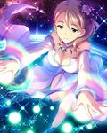  alternate_hairstyle ankle_boots artist_request bare_shoulders boots breasts cleavage collarbone detached_sleeves earth galaxy green_eyes hair_ornament idolmaster idolmaster_cinderella_girls jewelry medium_breasts necklace official_art outstretched_arms serious solo space star_(sky) yanagi_kiyora 