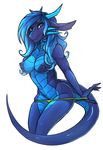  4_fingers anthro blue_eyes blue_hair blue_scales breasts clothed clothing dragon eyelashes female hair hi_res nipples non-mammal_breasts panties quirin_vaeros scales scalie simple_background smile solo suelix topless underwear white_background 