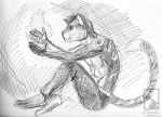  5_fingers clothed clothing digitigrade feline fire fur hair humanoid_hands leopard magic male mammal mars_(thequeenofmars) monochrome pants partially_clothed side_view simple_background sketch smile snow_leopard spots spotted_fur topless traditional_media_(artwork) using_magic valentinapaz 