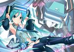  absurdres armpits bare_shoulders black_legwear blue_eyes blue_hair blush breasts eyebrows_visible_through_hair hatsune_miku highres jie_laite large_breasts long_hair looking_at_viewer navel panties robot smile solo thighhighs twintails underwear virtual_reality vocaloid white_panties 