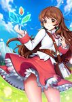  bag belt brown_eyes brown_hair character_request cloud crystal day fisica highres lanota long_hair long_sleeves looking_away mole mole_under_eye parted_lips red_skirt rewolf satchel skirt sky teeth 