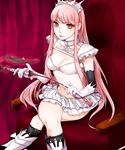  breasts cleavage crossed_legs elbow_gloves fate/grand_order fate_(series) gloves highres holding_whip kiboshi_(kibosiyusei) lips long_hair medb_(fate)_(all) medb_(fate/grand_order) medium_breasts navel pink_hair riding_crop skirt solo whip yellow_eyes 