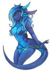  4_fingers anthro blue_eyes blue_hair blue_scales breasts clothed clothing dragon eyelashes female hair hi_res nipples non-mammal_breasts quirin_vaeros scales scalie simple_background smile solo suelix topless white_background 