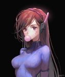  arms_at_sides artist_name bangs black_background blue_bodysuit bodysuit breasts breasts_apart brown_hair bubble_blowing caesty chewing_gum d.va_(overwatch) facepaint facial_mark headphones long_hair medium_breasts overwatch pilot_suit purple_eyes ribbed_bodysuit simple_background skin_tight solo swept_bangs turtleneck upper_body whisker_markings 