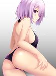  alternate_costume artist_name ass bikini breasts contemporary fate/grand_order fate_(series) from_behind gradient gradient_background hair_over_one_eye highres large_breasts lips looking_at_viewer mash_kyrielight parted_lips purple_bikini purple_eyes purple_hair rods short_hair sideboob simple_background solo swimsuit thighs 