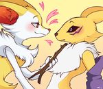  &lt;3 ambiguous_gender anthro black_sclera blush braixen canine crossover digimon duo female fox fur inner_ear_fluff kuranocat mammal nintendo pok&eacute;mon renamon video_games white_fur yellow_fur 