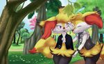  braixen cafe_(character) clothing coffeefly eyes_closed female gem grass hand_holding jacket leaf male nintendo one_eye_closed park pok&eacute;mon scarf smile standing stick te tree vest video_games 