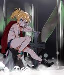  bangs black_footwear blonde_hair blue_eyes boots fate/apocrypha fate_(series) grin jacket_on_shoulders looking_at_viewer mordred_(fate) mordred_(fate)_(all) pinch_(nesume) ponytail shorts sitting sketch smile solo sports_bra 