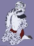  2014 5_fingers 5_toes anthro biped clothed clothing curiodraco digitigrade feline fur girly hair humanoid_hands kneeling leopard male mammal mars_(thequeenofmars) navel nom pawpads simple_background snow_leopard solo spots spotted_fur tail_nom toes topless 