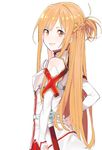  armor asuna_(sao) bangs blonde_hair breastplate eyebrows_visible_through_hair from_side grin half_updo hand_on_hip long_hair looking_at_viewer looking_back parted_lips pinch_(nesume) simple_background smile solo sword_art_online teeth upper_body white_background yellow_eyes 