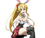  :d animal_ears black_legwear blonde_hair bow breasts bunny_ears choker cleavage collarbone crossed_legs fake_animal_ears green_eyes hair_between_eyes hair_bow high_ponytail invisible_chair large_breasts leafa long_hair looking_at_viewer miniskirt official_art open_mouth pleated_skirt pointy_ears red_bow red_skirt sitting skirt smile solo strapless sword_art_online sword_art_online:_code_register thighhighs transparent_background very_long_hair wrist_cuffs 