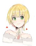  bangs blonde_hair closed_mouth eyebrows_visible_through_hair green_eyes green_nails heart idolmaster idolmaster_cinderella_girls looking_at_viewer miyamoto_frederica nail_polish off_shoulder own_hands_together pinch_(nesume) short_hair simple_background sketch smile solo white_background 