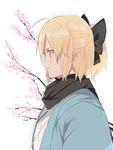  ahoge bangs black_bow black_scarf bow cherry_blossoms closed_mouth fate_(series) from_side half_updo haori japanese_clothes kimono koha-ace okita_souji_(fate) okita_souji_(fate)_(all) pinch_(nesume) ponytail profile scarf short_hair sidelocks simple_background sketch solo white_background white_kimono yellow_eyes 