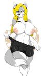  2016 5_fingers abstract_background anthro areola big_breasts black_nose blonde_hair blue_eyes breasts bulge canine chest_tuft clothed clothing dickgirl dipstick_tail eyewear front_view fur glasses grey_fur hair hi_res intersex long_hair looking_at_viewer mammal multicolored_fur multicolored_tail navel niis nipples partially_clothed portrait raised_shirt sarah_van_fiepland shorts signature simple_background smile solo standing three-quarter_portrait tight_clothing tuft two_tone_fur white_background white_fur wolf 