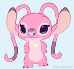  2016 alien angel_(lilo_and_stitch) antennae breast_markings chibi claws digital_media_(artwork) disney experiment_(species) eyelashes fur grey_background hands_on_hips lilo_and_stitch looking_at_viewer markings nose_wrinkle pasteldisaster pink_fur purple_claws purple_eyes purple_nose simple_background smile solo standing toe_claws watermark 