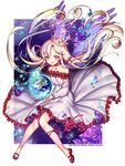  artist_name bare_shoulders blush choker crown earth flower globe highres long_hair looking_at_viewer original parted_lips petals purple_flower purple_rose red_ribbon rewolf ribbon rose smile solo yellow_eyes 