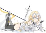  ass bare_shoulders black_legwear blonde_hair blue_eyes breasts fate/apocrypha fate_(series) gauntlets helmet jeanne_d'arc_(fate) jeanne_d'arc_(fate)_(all) large_breasts long_hair lying on_stomach open_mouth pinch_(nesume) solo sword thighhighs weapon 