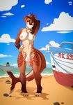  2017 absurd_res anthro areola balls beach boat breasts brown_hair cloud dickgirl ear_piercing fish green_eyes hair hand_on_hip hi_res humanoid_penis intersex jewelry long_hair marblesoda marine necklace nipples outside penis piercing sand seaside shark sky solo vehicle water 