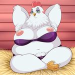  2017 3_toes anthro areola avian beak belly big_breasts bird bra breasts chicken claws clothing feathers female green_eyes half-closed_eyes hands_behind_back hi_res lonbluewolf looking_at_viewer nipples obese open_mouth overweight overweight_female panties pubes pussy solo toes tongue underwear white_feathers 