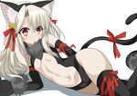  animal_ears arm_behind_back bell black_gloves black_legwear black_leotard blush brown_hair cat_ears cat_tail center_opening elbow_gloves fake_animal_ears fate/kaleid_liner_prisma_illya fate_(series) flat_chest gloves groin hair_ornament highres illyasviel_von_einzbern jingle_bell leotard long_hair lying navel on_side paw_gloves paw_shoes paws red_eyes ribbon shimejinameko shoes solo tail thighhighs 