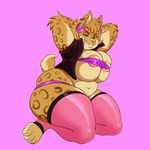  2017 anthro areola big_breasts breasts cat claws clothed clothing ear_piercing feline female fur hand_behind_head hi_res lonbluewolf looking_at_viewer mammal ms._rufus navel piercing pink_background poppy_opossum simple_background skimpy slightly_chubby solo teeth 