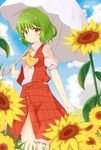  adapted_costume ascot bangs blue_sky blurry blush breasts cloud collared_shirt day depth_of_field flower frilled_skirt frills grass green_hair highres holding holding_umbrella kazami_yuuka looking_at_viewer open_clothes open_vest outdoors parasol puffy_short_sleeves puffy_sleeves red_eyes red_skirt red_vest shiny shiny_hair shirt short_hair short_sleeves skirt sky small_breasts smile solo thighs touhou umbrella vel0x_s vest walking white_legwear white_shirt white_umbrella 