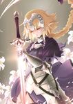  absurdres armor armored_dress black_legwear blonde_hair bow braid breasts closed_eyes cowboy_shot facing_viewer fate/apocrypha fate_(series) floating_hair flower gauntlets grey_background hair_bow hair_ornament highres holding holding_sword holding_weapon jeanne_d'arc_(fate) jeanne_d'arc_(fate)_(all) large_breasts long_hair open_mouth penguinking petals purple_bow single_braid solo standing sword thighhighs very_long_hair weapon white_flower 