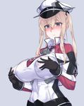  bangs black_gloves blonde_hair blush breasts closed_mouth commentary_request covered_nipples eyebrows_visible_through_hair gloves graf_zeppelin_(kantai_collection) grey_background hat highres huge_breasts kantai_collection long_hair mizuumi_(bb) purple_background purple_eyes revision self_fondle simple_background solo trembling 