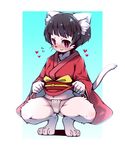  1girl black_hair blush female full_body fundoshi furry japanese_clothes omunikin original setsu_(omunikin) solo squatting tail 