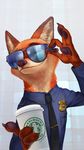  2016 4_fingers anthro badge beverage brown_fur canine claws clothed clothing coffee cup digital_media_(artwork) dipstick_ears disney disposable_cup eyewear food fox front_view fur hi_res hiromatsu holding_cup inner_ear_fluff male mammal necktie nick_wilde orange_fur pawpads paws police police_uniform reflection shirt simple_background smile snarlbucks solo spoiler starbucks sunglasses uniform zootopia 