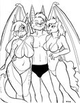  2015 anthro bat big_breasts bikini breasts cleavage clothed clothing david_a_cantero dragon equine eyewear glasses group hand_on_hip hi_res horn horse looking_back mammal monochrome navel open_mouth open_smile portrait simple_background skimpy smile standing swimming_trunks swimsuit three-quarter_portrait 