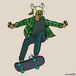  2017 anthro antlers brown_background buurgerboy cervine clothed clothing deer eyewear flannel glasses horn male mammal midair one_eye_closed signature simple_background skateboard smile solo tongue tongue_out wink 