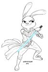  2016 alec8ter anthro black_and_white clothed clothing cosplay crossover disney female hi_res judy_hopps lagomorph lightsaber mammal monochrome rabbit signature simple_background smile solo star_wars white_background zootopia 