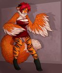 anthro avian barefoot breasts canine clothed clothing digitigrade feline fox green_eyes hair hybrid mammal nipples red_hair robyn_paperdoll simple_background tiger 