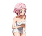  breasts cleavage collarbone hair_ornament hairclip lisbeth lisbeth_(sao-alo) medium_breasts naked_towel official_art pink_hair pointy_ears red_eyes shiny shiny_skin short_hair sitting smile solo sword_art_online sword_art_online:_code_register towel transparent_background white_towel 