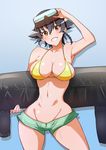  armpits bare_shoulders black_hair blush breasts brown_eyes cleavage girls_und_panzer goggles goggles_on_head gradient gradient_background grin groin large_breasts micro_shorts navel pepperoni_(girls_und_panzer) shorts sideboob smile solo thighs webslinger wide_hips 