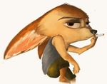  anthro canine cigarette clothed clothing disney finnick fox half-closed_eyes looking_at_viewer male mammal simple_background sitting smoking solo sprinkah white_background zootopia 