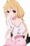  :3 ahoge bangs bent_over black_legwear blonde_hair blush bow brown_eyes collarbone commentary_request flat_chest futaba_anzu hair_bow hand_rest idolmaster idolmaster_cinderella_girls kneeling long_hair looking_at_viewer low_twintails no_pants off_shoulder open_mouth oversized_clothes polka_dot polka_dot_bow ratsuku_kinoko shadow shirt short_sleeves sidelocks simple_background solo spread_legs stuffed_animal stuffed_bunny stuffed_toy t-shirt teeth thighhighs twintails very_long_hair white_background white_bow white_shirt 