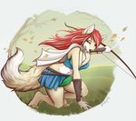  anthro bow box brown_eyes brown_nose canine digitigrade female fox hair holding_object holding_weapon mammal navel red_hair robyn_paperdoll smile solo weapon wide_hips 