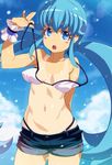  armband artist_request bikini blue_eyes blue_hair blush breasts cloud cloudy_sky cowboy_shot day happinesscharge_precure! long_hair midriff ocean one-piece_tan open_mouth precure shirayuki_hime short_shorts shorts sky small_breasts swimsuit tan tanline twintails untied untied_bikini white_bikini_top 