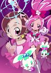  10s 1girl boots bow chypre_(heartcatch_precure!) coffret_(heartcatch_precure!) cure_blossom dual_persona glasses hanasaki_tsubomi heartcatch_precure! long_hair magical_girl open_mouth pink pink_bow pink_eyes pink_hair pink_skirt ponytail precure smile very_long_hair white_legwear 