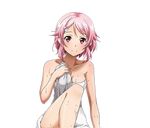  breasts cleavage collarbone hair_ornament hairclip lisbeth lisbeth_(sao-alo) looking_at_viewer medium_breasts naked_towel official_art pink_hair pointy_ears red_eyes short_hair smile solo sword_art_online sword_art_online:_code_register towel transparent_background wet white_towel 