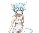  animal_ears arm_support black_ribbon blue_eyes blue_hair blush bow breasts cat_ears cat_tail cleavage collarbone hair_bow hair_ribbon looking_at_viewer medium_breasts naked_towel official_art ribbon shiny shiny_skin short_hair_with_long_locks sidelocks sinon sinon_(sao-alo) sitting smile solo sword_art_online sword_art_online:_code_register tail towel transparent_background white_towel 