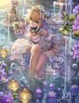  ahoge bangs barefoot belt blonde_hair breasts bridal_veil cleavage closed_mouth commentary_request cup detached_collar detached_sleeves eyebrows_visible_through_hair fate/extra fate/extra_ccc fate_(series) flower fountain goblet green_eyes hair_between_eyes hair_intakes hand_up holding holding_cup knee_up large_breasts lock looking_at_viewer nero_claudius_(bride)_(fate) nero_claudius_(fate)_(all) padlock petals petals_on_liquid purple_flower revision sculpture showgirl_skirt sidelocks sitting smile soaking_feet solo torino_akua veil water white_sleeves wide_sleeves 