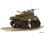  artist_name black_shirt blonde_hair blue_eyes blue_shorts boots brown_footwear brown_jacket burenbo caterpillar_tracks closed_mouth commentary_request denim denim_shorts girls_und_panzer ground_vehicle hair_intakes hand_on_hip jacket kay_(girls_und_panzer) long_hair long_sleeves looking_at_viewer m4_sherman midriff military military_uniform military_vehicle motor_vehicle one_eye_closed open_clothes open_jacket saunders_military_uniform shirt short_shorts shorts signature smile solo standing star tank thighhighs uniform v white_legwear 