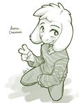  2016 alec8ter anthro asriel_dreemurr caprine clothed clothing cute_fangs goat hi_res kneeling looking_at_viewer male mammal monochrome signature simple_background smile solo text undertale v_sign video_games white_background 