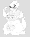  2016 alphys anthro balls big_balls big_penis blush bottomless camychan clothed clothing crossgender dessert dickgirl dinosaur eyewear food glasses half-erect hi_res holding_food holding_object humanoid_penis ice_cream intersex kneeling monochrome navel nipple_bulge open_mouth partially_retracted_foreskin penis shirt simple_background slightly_chubby solo thick_thighs uncut undertale video_games 